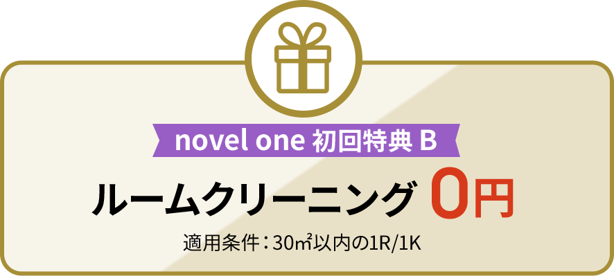 novel one 初回特典 B ルームクリーニング 0円 適用条件：30㎡以内の1R/1K